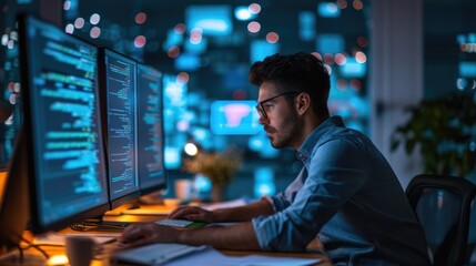 a software developer works on code late into the night, illuminated by the glow of multiple computer