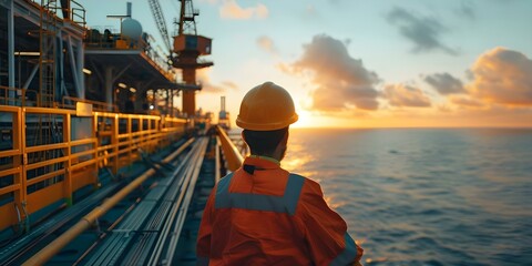 Man in safety gear and hard hat on offshore oil rig. Concept Offshore Oil Rig, Safety Gear, Hard Hat, Occupational Safety, Men at Work