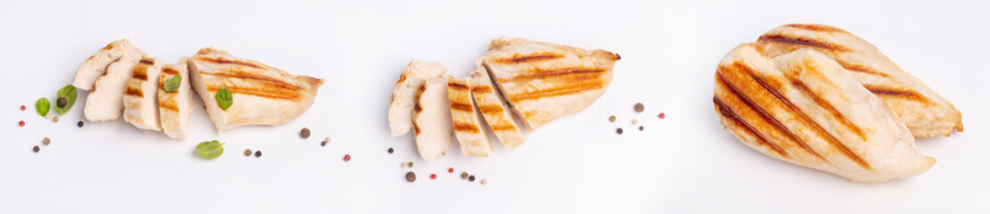 Wall Mural - Grilled pieces of chicken breast with shadows on a white background. the grilling season. The grilled chicken slices are with a mix of pepper peas and fresh basil leaves