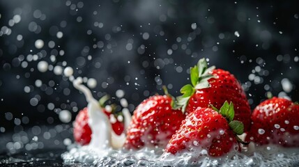 Strawberry, splashing in milk, bullet shot, black background