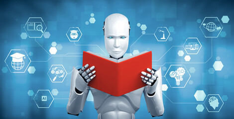 Wall Mural - mlp 3d illustration 3d illustration of robot humanoid reading book in concept of future artificial i