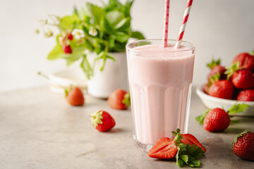 Wall Mural - Glass of fresh strawberry milkshake