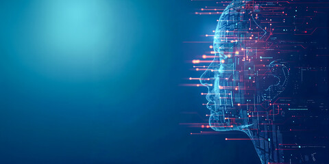 Perfil abstracto de una cabeza humana hecha de una placa de circuito digital, código binario y elementos de flujo de datos sobre un fondo azul para una ilustración vectorial del concepto