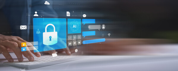 Aufkleber - Innovative AI and technology integration showcased by a businessman using a smartphone for communication and data analysis, emphasizing cloud computing and cyber security