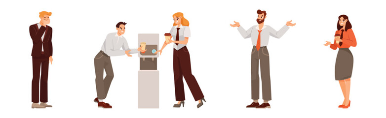 Wall Mural - Cheerful Man and Woman Office Worker Vector Illustration Set