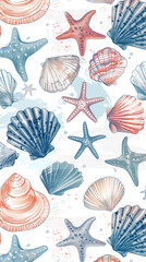 Wall Mural - Pattern with colorful starfish, seashells, coral and seaweed on white background