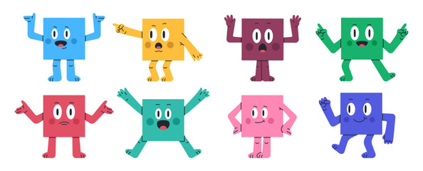 Square characters. Funny geometric cute square mascot, comic square shapes with various emotions flat vector illustration set. Square mascots with funny face