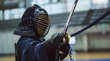 Kendo practitioner in traditional protective gear during a match.


