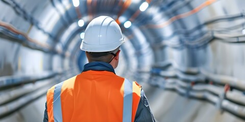 Wall Mural - Engineers wear safety gear while controlling underground construction for tunnel boring machines. Concept Construction Safety, Tunnel Boring Machines, Engineering Equipment, Underground Construction