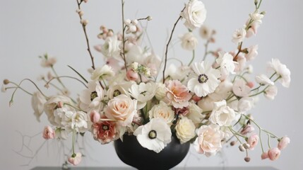 Aufkleber - This image depicts a modern flower arrangement in a black vase with white and peach roses, anemones, and other delicate blooms, styled elegantly.
