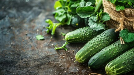 Fresh cucumbers on rustic surface with green leafy vegetables and burlap sack in background