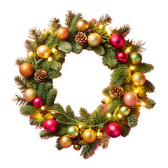 Festive Christmas wreath with decorative pine cones, ornaments, and lights, perfect for holiday decor and seasonal celebrations.