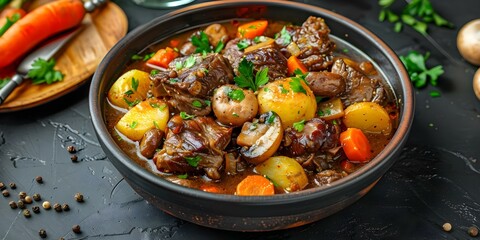 Canvas Print - South African oxtail stew with potatoes carrots and mushrooms. Concept Oxtail Stew Recipe