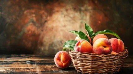 Wall Mural - Fresh peaches in wicker basket on rustic wooden table