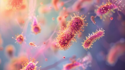 Fototapete - A colorful microscopic image of pink bacteria floating in a cloudy, pink and blue background.