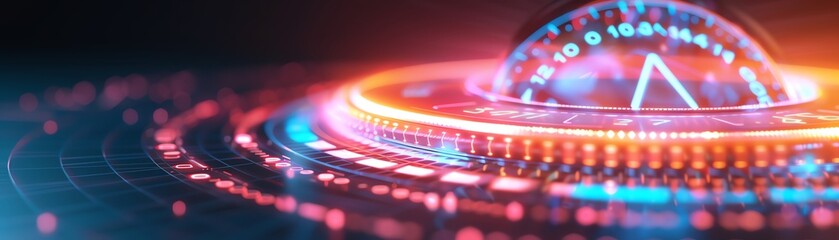 Futuristic digital interface concept with vibrant neon lights and HUD elements, representing sci-fi technology and innovation.