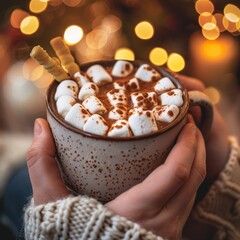 Wall Mural - Cocoa cup with marshmallows, wafer sticks. Chocolate drink in hands closeup, holiday winter dessert