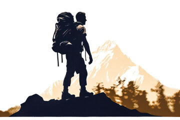 Wall Mural - A man is walking up a mountain with a backpack on his back. He is carrying a walking stick and a camera. Concept of adventure and exploration, as the man is venturing into the wilderness with his gear