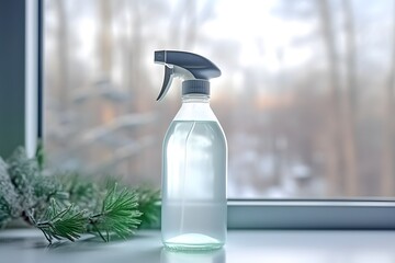 Cleaning spray bottle with plastic dispenser for cleaning window glass against the background of a frosty window. Concept of home care and maintenance of cleanliness.