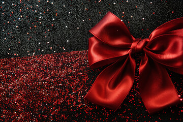 Wall Mural - red ribbon and bow with gold sparkles on black and red background