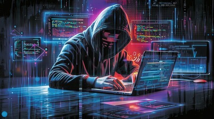 Hacker in Hooded Sweatshirt Coding at Laptop
