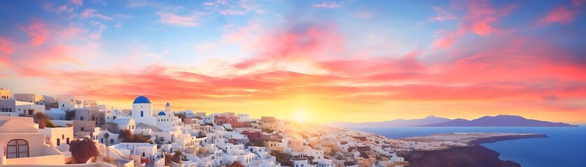 Wall Mural - sunset over santorini with a stunning view of the distant mountain, orange sky, and blue water, framed by a white building and arched window