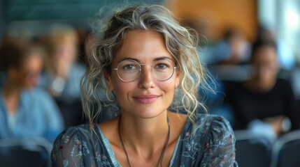 A relaxed young woman with curly hair, wearing glasses, smiles softly