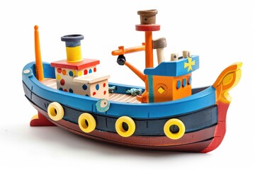 Wall Mural - Childrens toy ship with a captain isolated on white background. Clipping Path