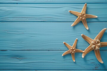 Wall Mural - Flat lay seashell and starfish on blue table  summer theme.