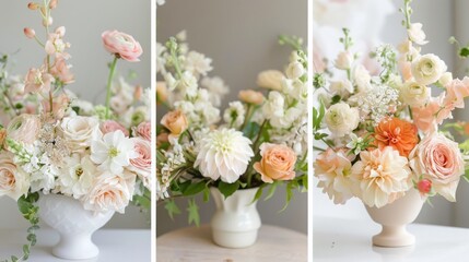 A closeup of three arrangements of white and peach flowers in white ceramic vases. The flowers are arranged in a loose, natural style and include roses, dahlias, ranunculus, and other blooms.