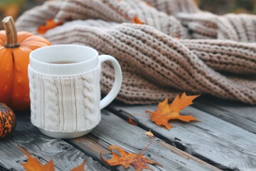 Cozy autumn setting with warm sweater and hot beverage