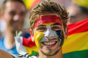 Wall Mural - Young football fan smiling and cheering with painted face at stadium