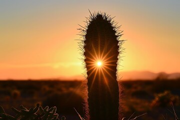 Wall Mural - The silhouette of a cactus against the backdrop of a desert sunset