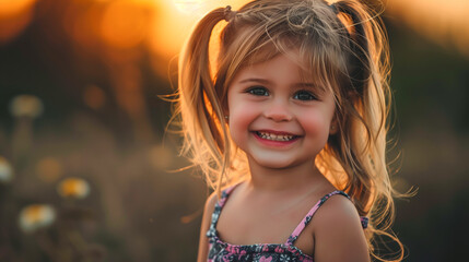 Wall Mural - A smiling little girl with pigtails stands in a field at sunset, her hair illuminated by the golden light