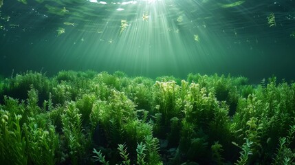  An enchanting underwater scene of a aquatic forest bathed in sun rays filtering through above