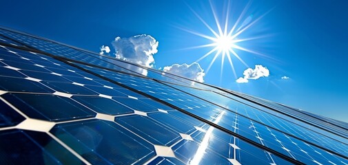 solar panels under a bright sun and clear sky, representing renewable energy and clean power generat