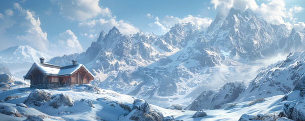 Wall Mural - Alpine hut nestled among snowy peaks, cozy retreat, panoramic views, mountain serenity.