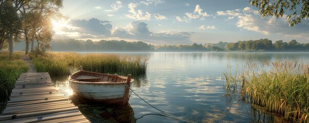 A serene lakeside scene with a wooden pier and a rowboat tied to a dock.