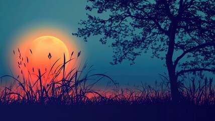 Wall Mural - Silhouetted tree, grass against vibrant sunset with full moon on horizon