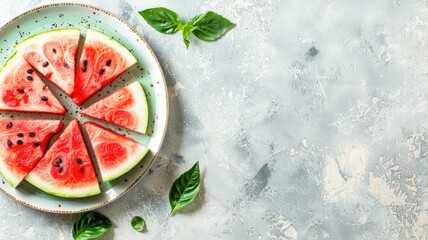 Slices of watermelon on plate with basil leaves
