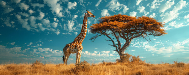 Wall Mural - A graceful giraffe reaching for leaves on a tall acacia tree, its long neck stretching towards the sky.