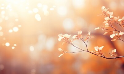 Wall Mural - Abstract Autumn Background with Tree Branch. Golden and Yellow Fall Leaves in Natural Bokeh Light