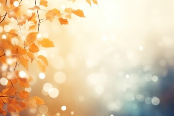Wall Mural - Abstract Autumn Background with Tree Branch. Golden and Yellow Fall Leaves in Natural Bokeh Light