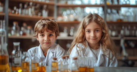 Poster - Two children, a boy and a girl, wearing lab coats and looking at the camera. They are in a lab setting with beakers and glassware in the foreground.