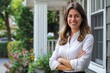 © MH - a real estate agent standing with smile outside the house, Smiling Real Estate Agent Standing Proudly Outside a Beautiful Home for Sale, Discover Your Dream Home with a Professional Real Estate Agent