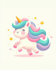 Wall Mural - Cute cartoon happy magic unicorn with rainbow on a white background.