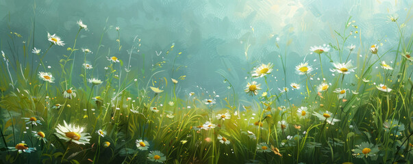 Wall Mural - A serene meadow dotted with wildflowers, their delicate petals swaying gently in the breeze.