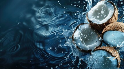 Wall Mural - Fresh halved coconuts with splashing water on dark background