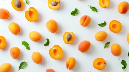 Fresh apricots and slices on a white background