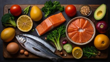 Wall Mural - Raw salmon, various vegetables in the kitchen